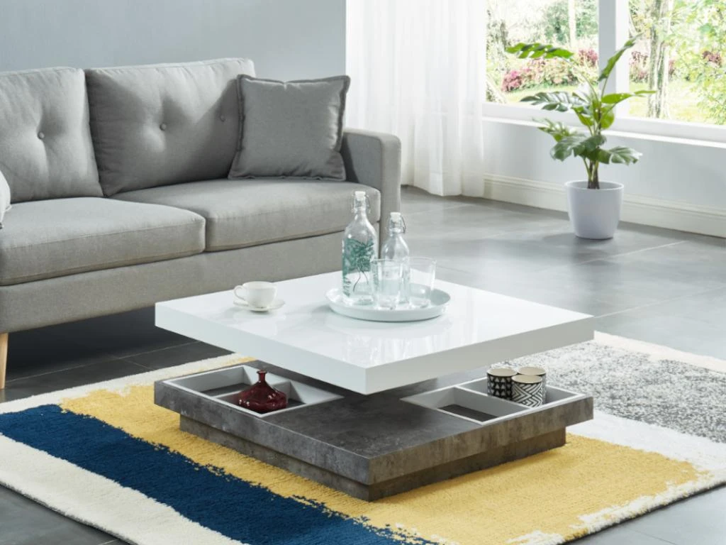 Table Basse - Plateau Pivotant - MDF Laqué Blanc Et Béton - FAUSTO II – Image 2