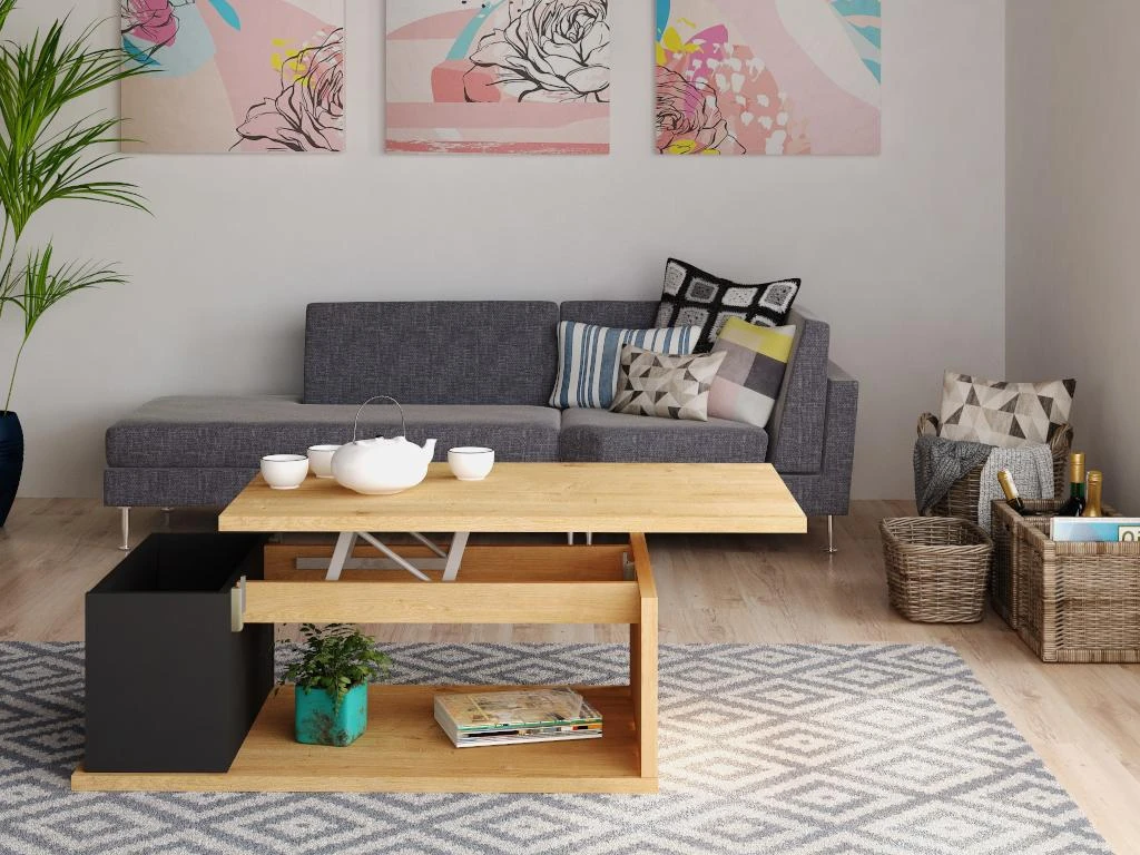 Table Basse ALDANA - Plateau Relevable - Bois Et MDF - Chêne Et Anthracite – Image 6