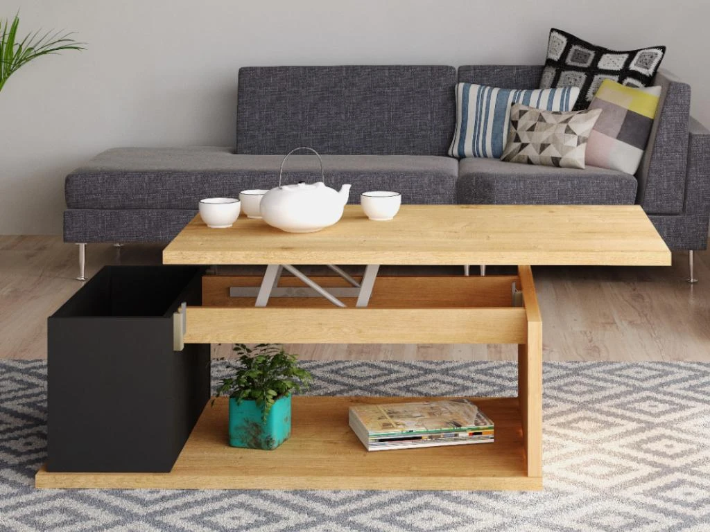 Table Basse ALDANA - Plateau Relevable - Bois Et MDF - Chêne Et Anthracite – Image 2