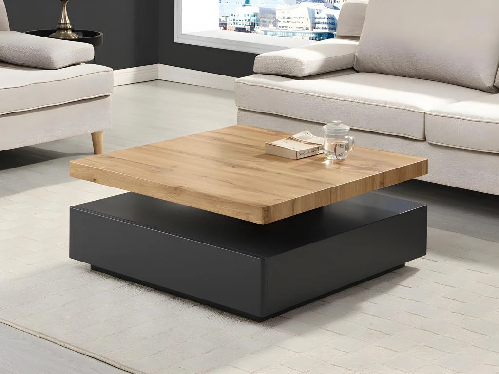 Table Basse KYRIA - 1 Tiroir & Plateau Pivotant - MDF - Coloris : Anthracite Et Chêne