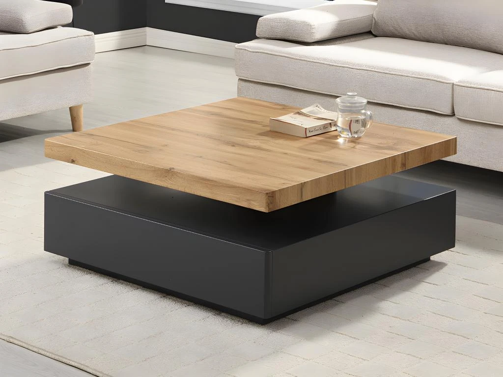 Table Basse KYRIA - 1 Tiroir & Plateau Pivotant - MDF - Coloris : Anthracite Et Chêne – Image 7