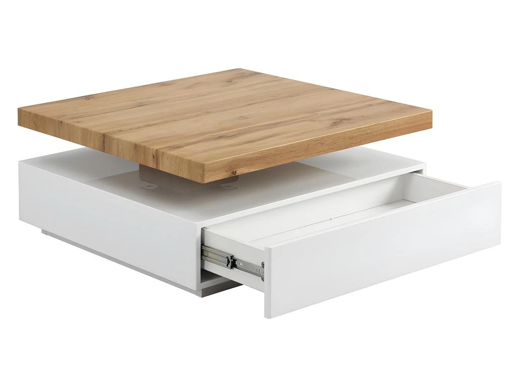 Table Basse KYRIA - 1 Tiroir & Plateau Pivotant - MDF - Coloris : Blanc Et Chêne – Image 6