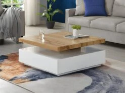 Table Basse KYRIA - 1 Tiroir & Plateau Pivotant - MDF - Coloris : Blanc Et Chêne
