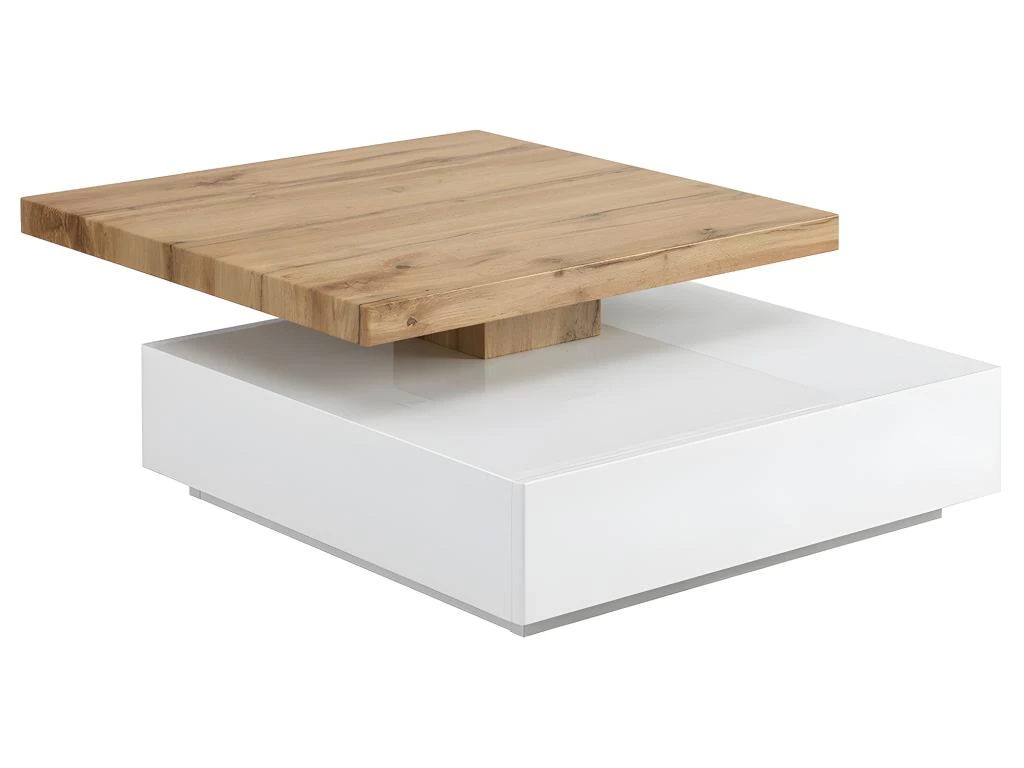 Table Basse KYRIA - 1 Tiroir & Plateau Pivotant - MDF - Coloris : Blanc Et Chêne – Image 3