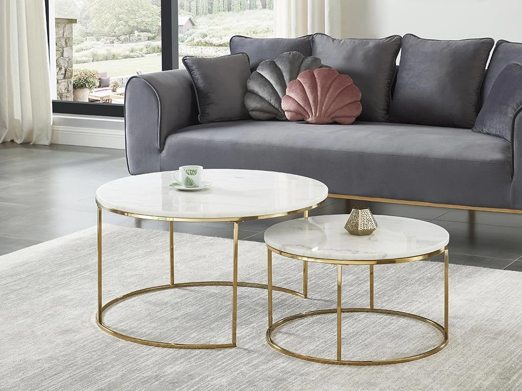 Tables Basses Gigognes ANGELA - Marbre Blanc Et Métal Doré De Pascal MORABITO