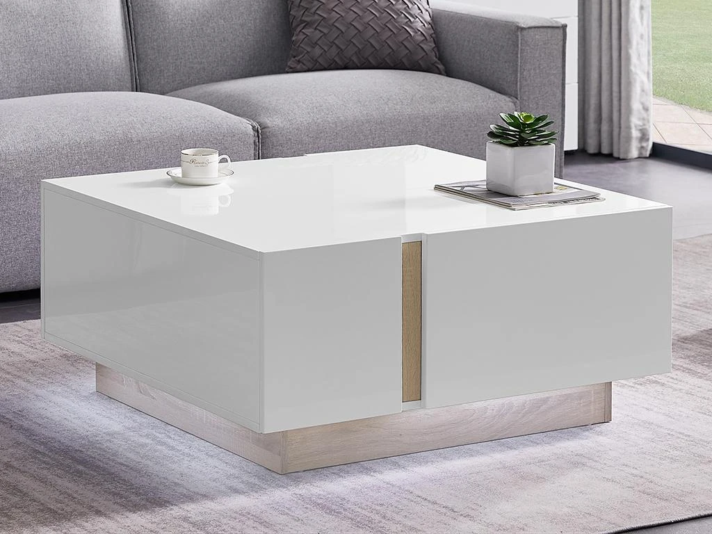 Table Basse 2 Portes Et 2 Tiroirs Avec LEDs - MDF - Naturel Et Blanc Laqué - QUINCY – Image 2