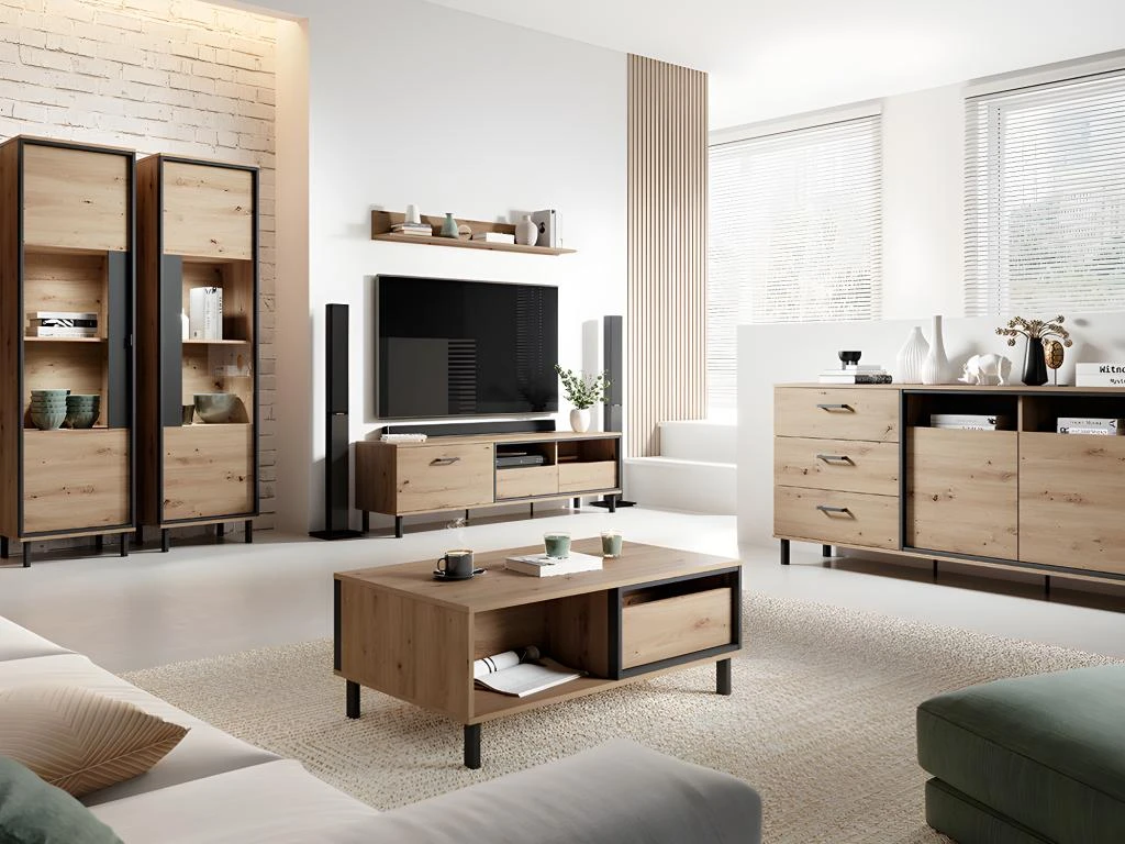 Table Basse BAYORI - 2 Tiroirs Et 1 Niche - Chêne Et Anthracite – Image 3