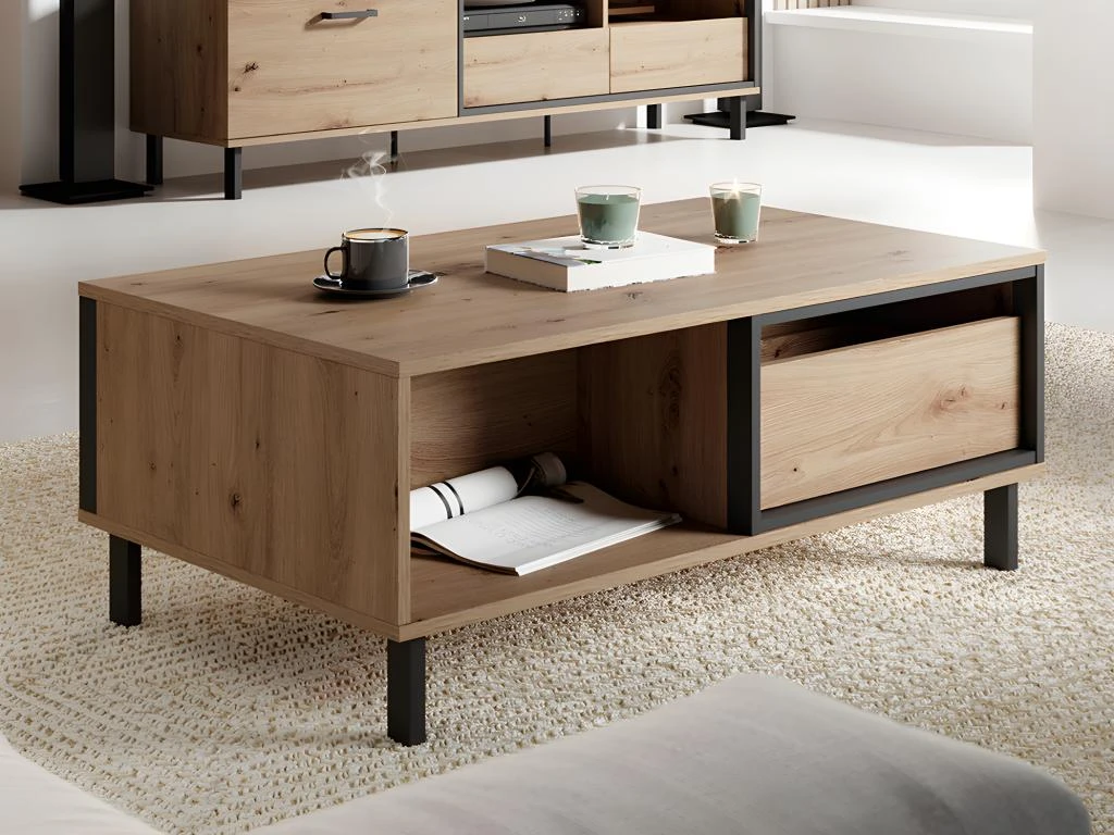 Table Basse BAYORI - 2 Tiroirs Et 1 Niche - Chêne Et Anthracite – Image 2