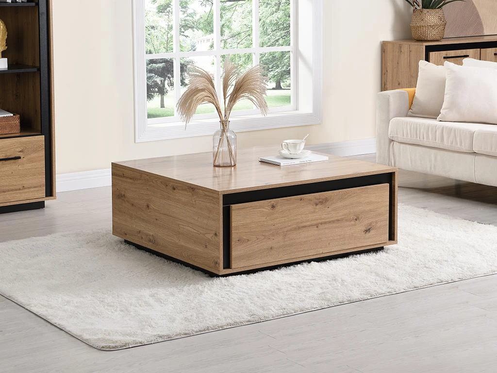 Table Basse 2 Tiroirs En MDF - Naturel Et Noir - NALAMANE