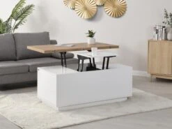 Table Basse Extensible Avec 2 Plateaux Relevables Et 2 Tiroirs - MDF Et Métal - Naturel Et Blanc Laqué - SILIAM