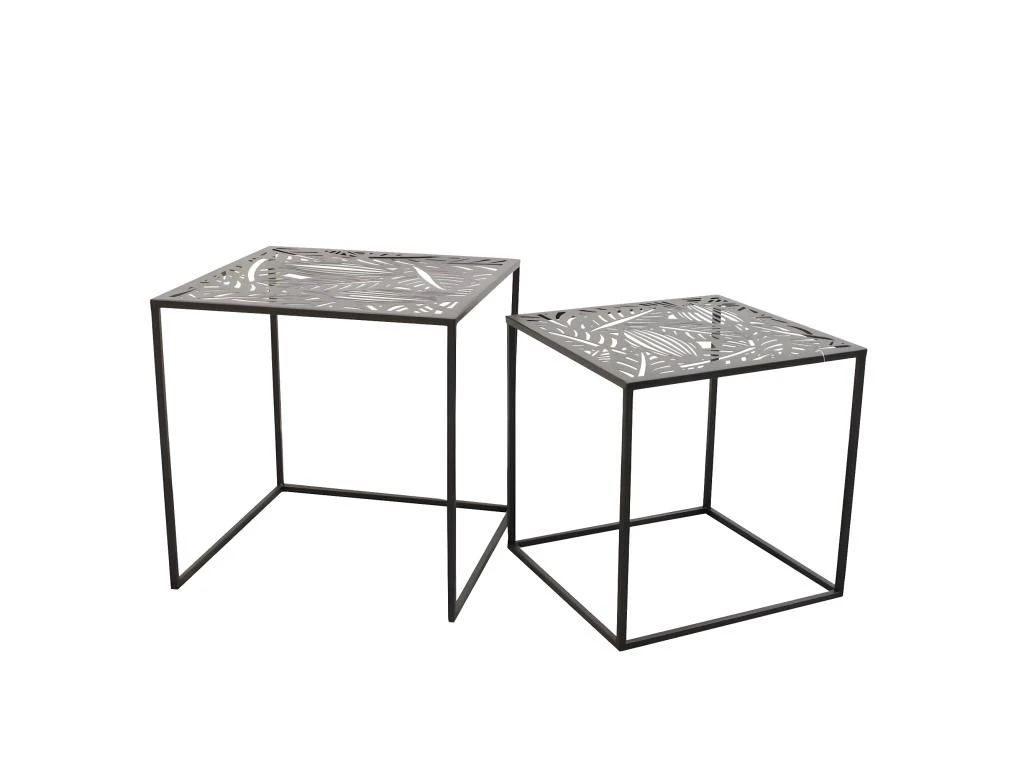 FLORA - Lot De 2 Tables Gigognes Métal Noir Motif Feuille