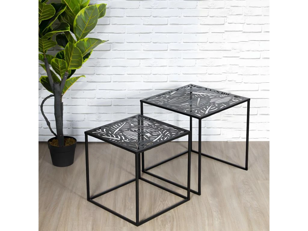 FLORA - Lot De 2 Tables Gigognes Métal Noir Motif Feuille – Image 2