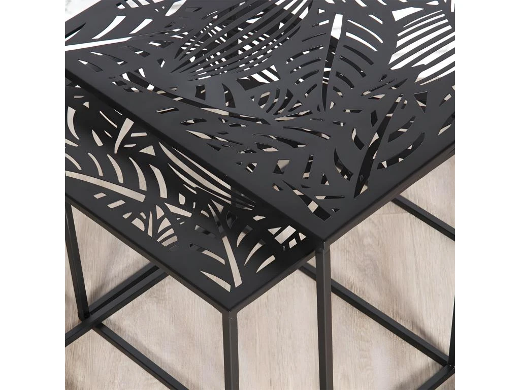 FLORA - Lot De 2 Tables Gigognes Métal Noir Motif Feuille – Image 4