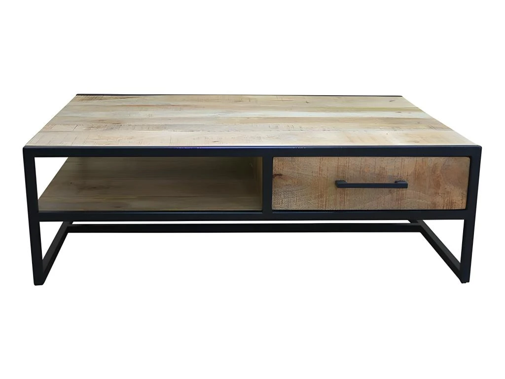 Table Basse 1 Tiroir Bois De Manguier Et Métal - Naturel