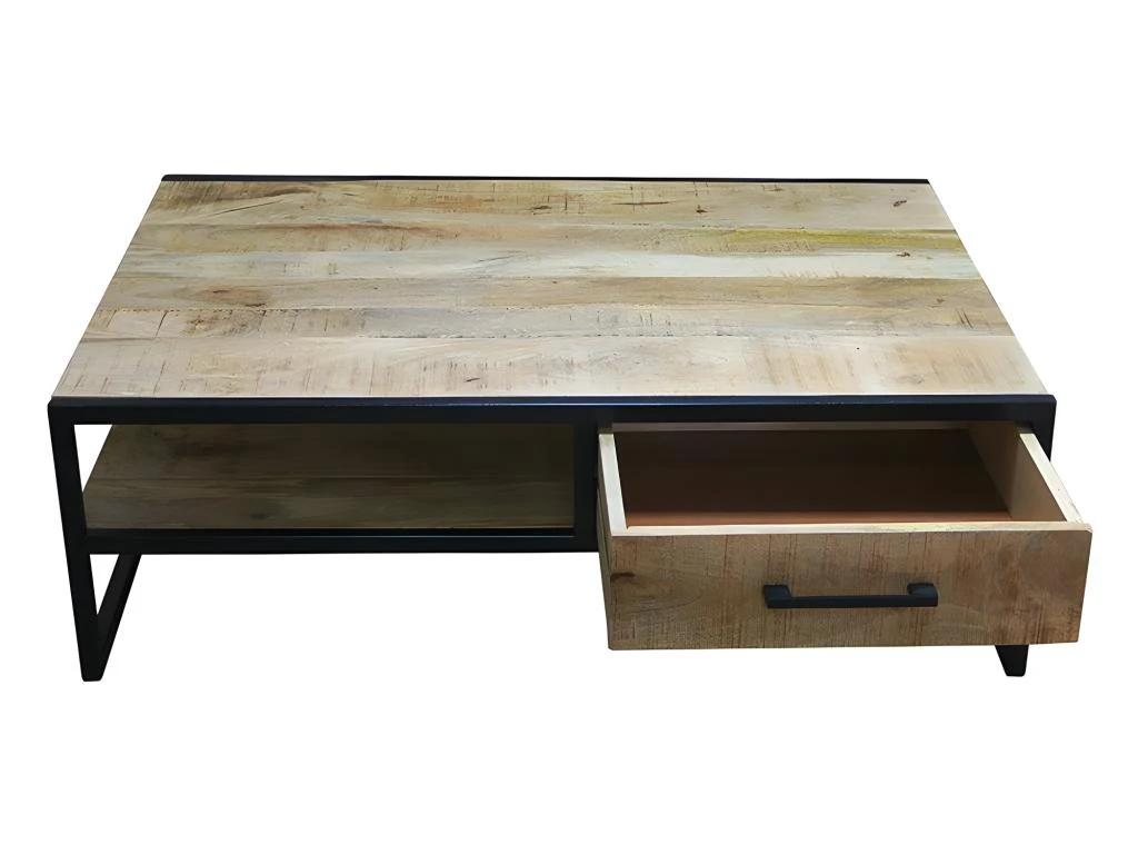 Table Basse 1 Tiroir Bois De Manguier Et Métal - Naturel – Image 2