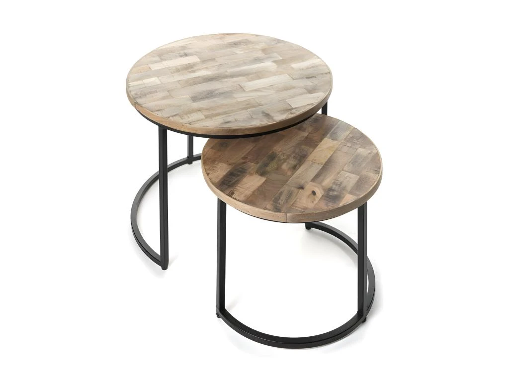Table D'appoint Gigogne Ronde En Bois Massif Collection SULIN. Meuble Style Industriel – Image 2