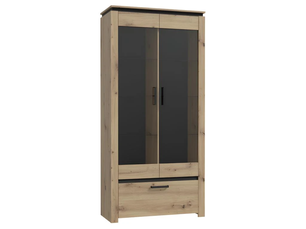 Vitrine H198 Cm Décor Chêne Clair Et Noir Avec Poignées Métal - LEILA
