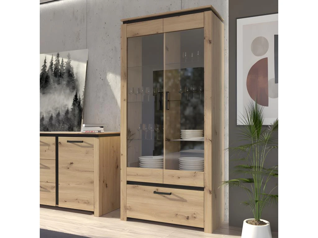 Vitrine H198 Cm Décor Chêne Clair Et Noir Avec Poignées Métal - LEILA – Image 2