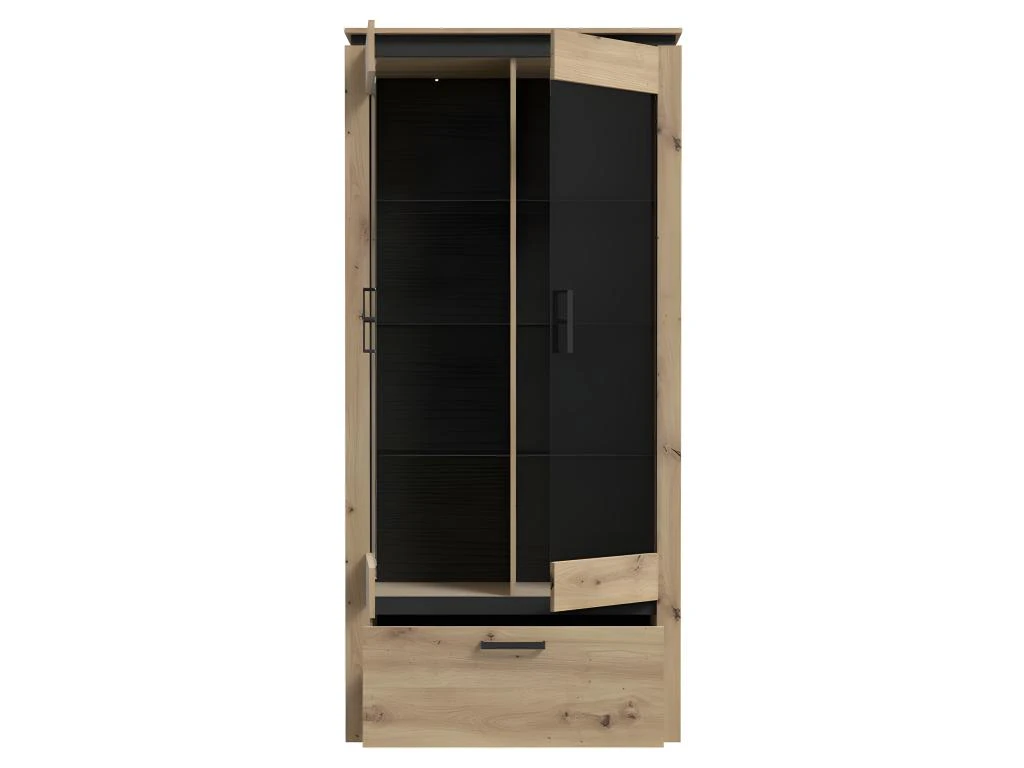 Vitrine H198 Cm Décor Chêne Clair Et Noir Avec Poignées Métal - LEILA – Image 3