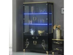 Vitrine 4 Portes Battantes Laque Noir Brillant/Or à Led - SEBORGA - L 122 X L 48 X H 203 Cm