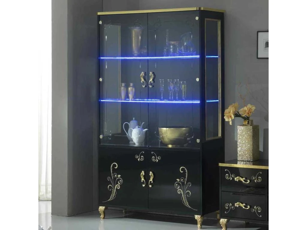 Vitrine 4 Portes Battantes Laque Noir Brillant/Or à Led - SEBORGA - L 122 X L 48 X H 203 Cm