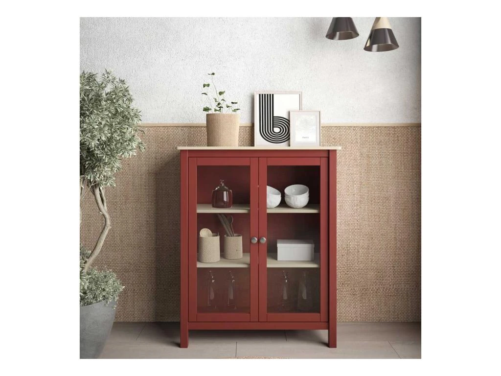 Vitrine 2 Portes Rouge/Bois - VOLCAN